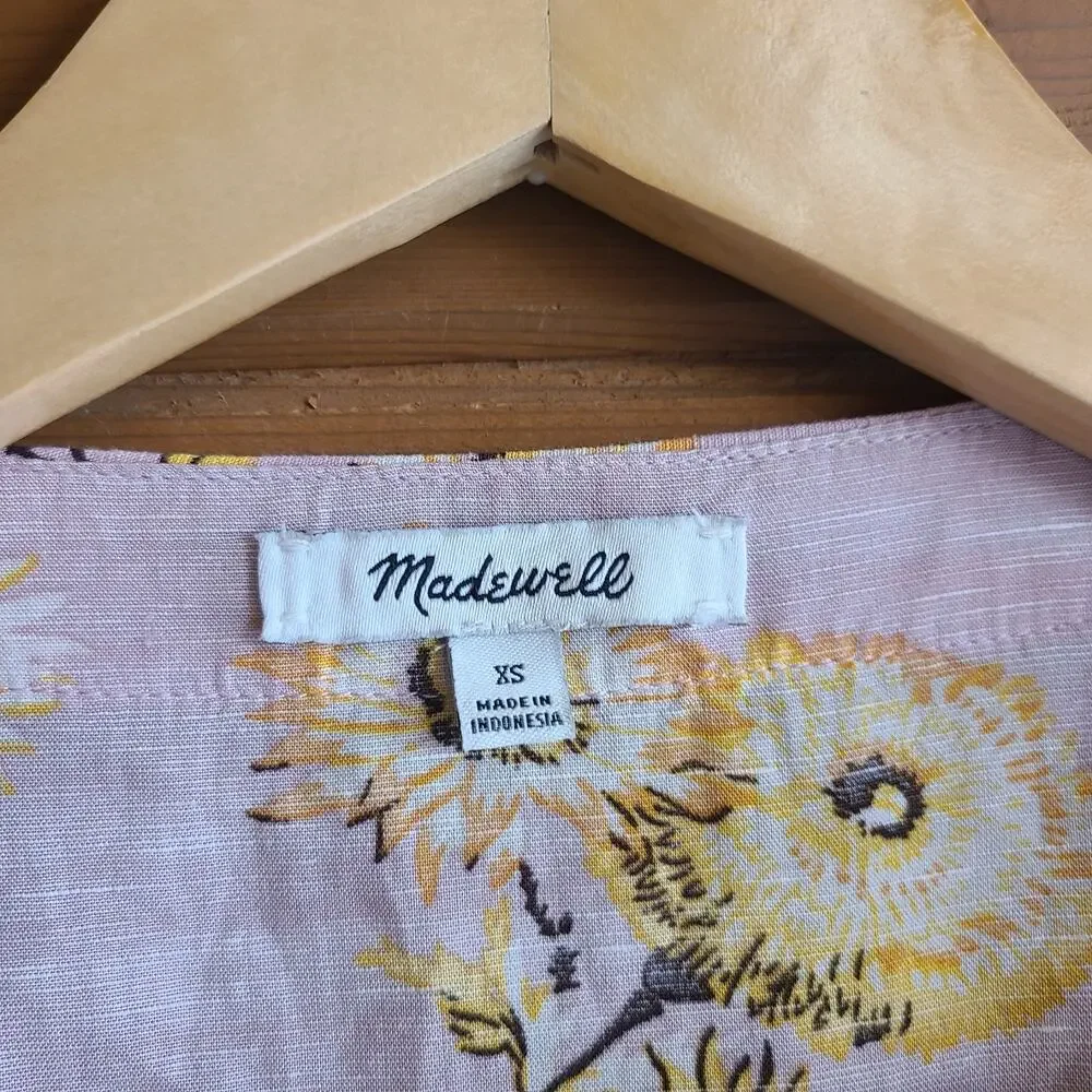 Madewell Linen Dress Pink Dutch Danelions Pink Floral Wrap Dress XS Boho Cottage - Picture 3 of 6